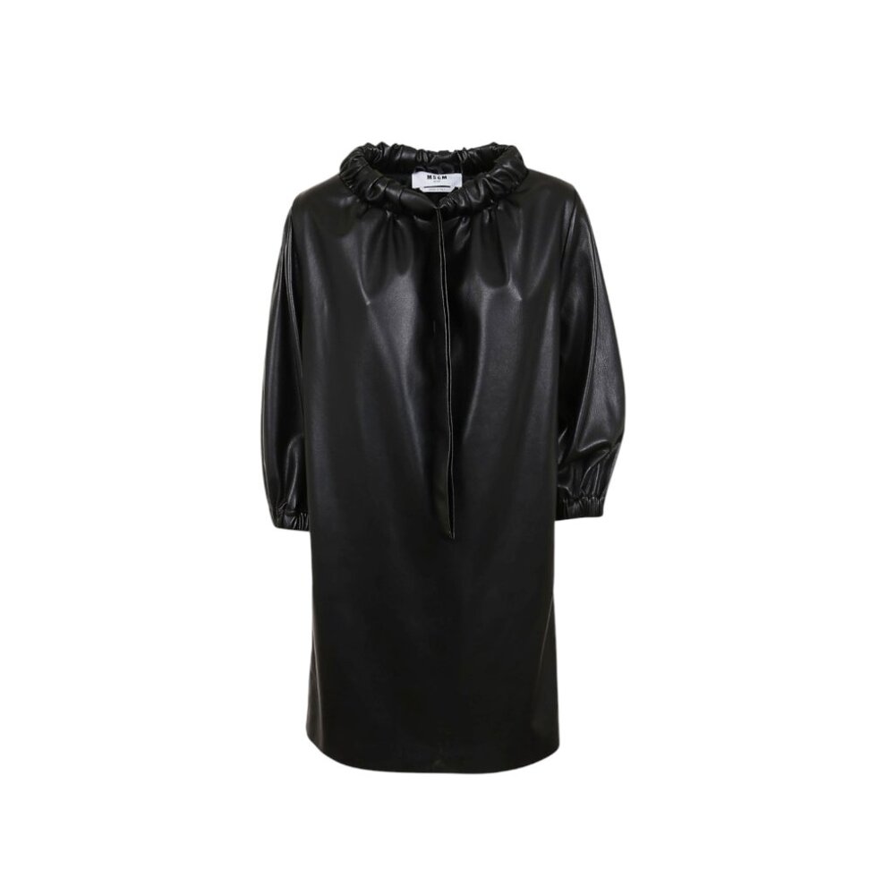 NWOT MSGM Vegan Faux Leather Dress Womens 40 Small Black Long Sleeve Tie Neck